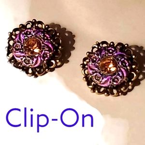 Antique Gold 1" Clip-On Earrings With Purple & Amber Rhinestones